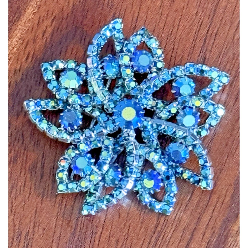 Vintage Blue Aurora Borealis Rhinestone Brooch Floral Starburst Pin 1950s Pin